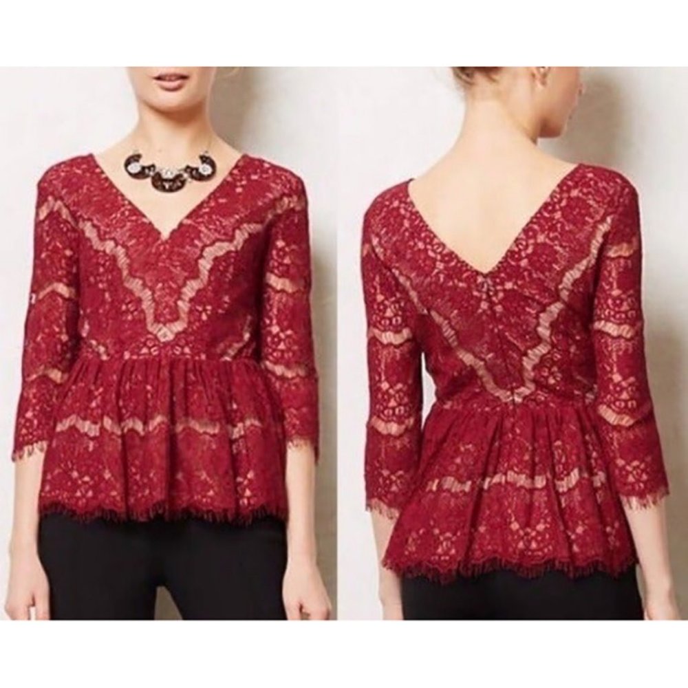 Maeve Maroon Lace 3/4 Sleeve Fit Flare Blouse